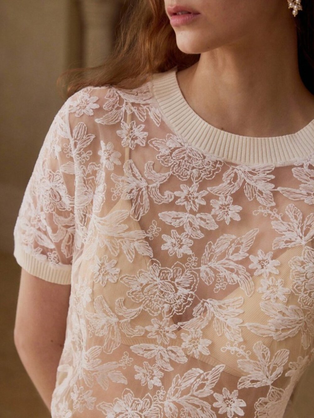 Cream Sheer Lace Floral Mesh Round Neck Short Sleeve Knit Top Tee